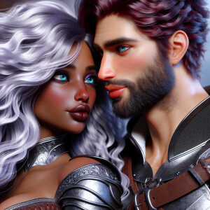 A beautiful huntress from the “Monster Hunter” series, dark skin...