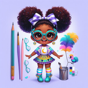 A chibi-style image of an African American 3-year-old girl, stan...