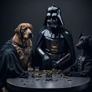 Darth Vader playing poker with different breeds of dogs, each sh...