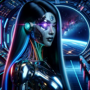 > A stunning female cyclops android with one  single glowing cyb...