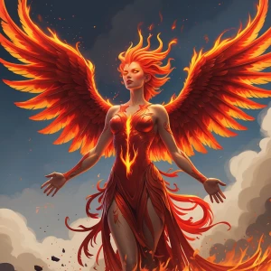 Depict a female humanoid phoenix figure with fiery red and orang...