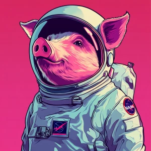 Cute cartoon pig in vintage white spacesuit and NASA style helme...