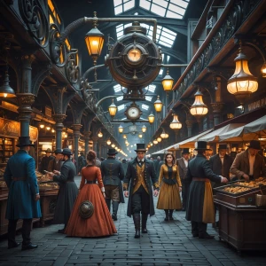 A marketplace bustling with characters in period clothing enhanc...