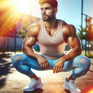 A muscular bodybuilder man is squatting outdoors, wearing a slee...