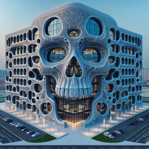 Mimetic skull shaped building with windows, ultra-detailed ultra...