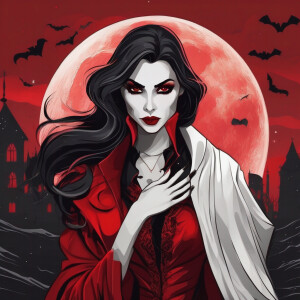 Scary vampire women that have red and black theme at have a moon...