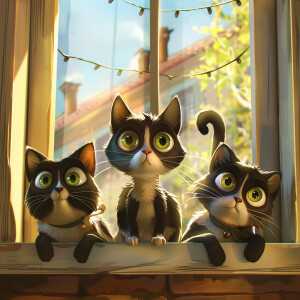 A cartoon of three mischievous cats sitting on a ledge, looking...