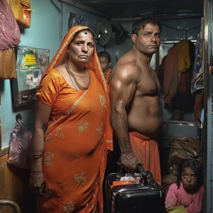 Realism ,a 54-year-old Gujarati housemaid wearing a bright orang...