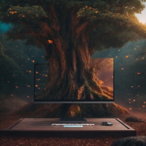 A BANYAN TREE AND SAINT SITTING UNDER IT WITH SUN RISING