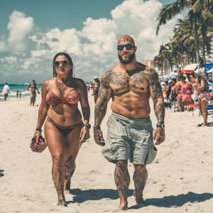 Realism style,A muscular tattoed criminal walking with his 50 ye...