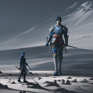 Lone futuristic samurai warrior holding a katana in his hand wit...