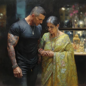 Hyperrealistic oil painting.a muscular beefy tattoed gujarati sw...