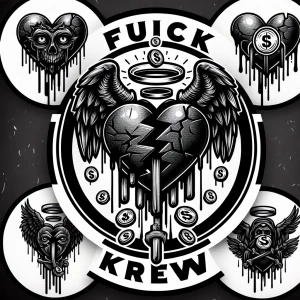 Create 10 
Circular logos for 'FUCK LOVE KREW' with  black, brok...