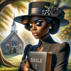 Render an airbrush oil painting of an African American woman with flawless makeup in a
contemplative pose, holding a Bible close to her heart, dressed in an elegant Sunday Best
outfit with a distinctive Church Hat. The background features a peaceful church garden,
with light filtering through the trees, highlighting her spiritual connection and the personal
moment of reflection. The artwork should capture the tranquility of the scene, the beauty
of her attire, and the depth of her contemplation, reflecting a serene and spiritually