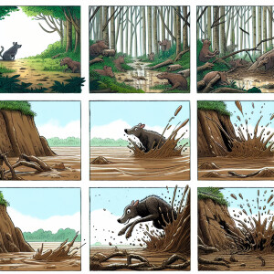 a mud pit , then an animal walks in the mud and leaves a footpri...