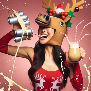 A person wearing a festive beer helmet with eggnog instead of be...