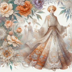 A delicate fairy-like woman with light ginger hair and porcelain...