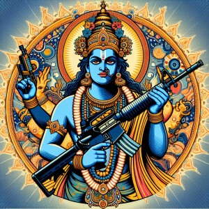 Create an image of Lord Krishna wielding an assault rifle, rende...