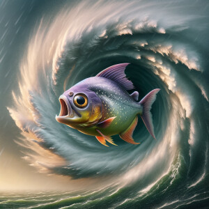 Purple lime piranha no teeth playing in the eye of a hurricane
