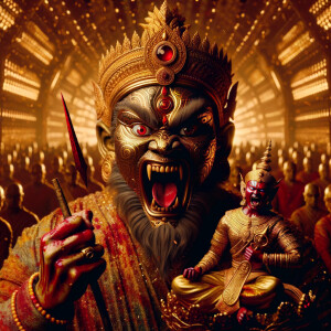 portrait of angry looking goddess durga sitting on a gold crown and carrying a weak mahishasur on her lap and poking him with her amazingly long red fingernails. She is covered in blood. The scene is set in ancient India. The image is 8K resolution, cinematic, photography, ultra detailed face and epic.