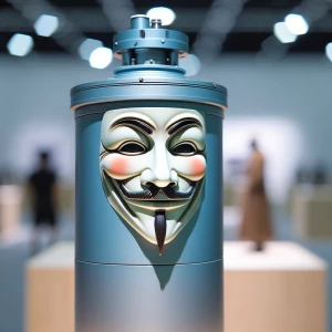 Photorealistic image taken with canon. R2d2 wearing Guy Fawkes m...