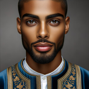 Create handsome African-American, Jesus, with Hazel Brown eyes wearing a blue and gold robe