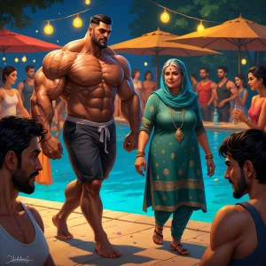 Fantasy painting,a muscular beefy sweaty man walking with his 51...