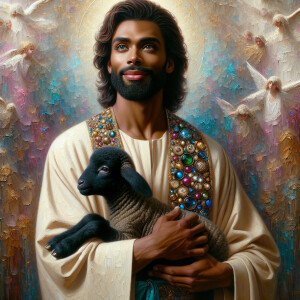 Oil painting of an African-American man resembling Jesus Christ,...