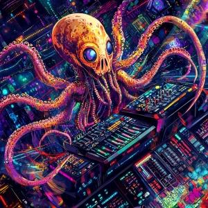 An extraterrestrial DJ characterized by drum machine-textured skin and tentacles resembling audio soundwaves, rhythmically pulsating in sync with an acid house track, illustrated in the dynamic and pixelated aesthetic of 909 art.