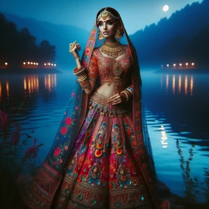 Depict an Indian bride in a traditional, intricately designed le...