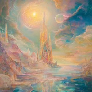 A dreamlike world of swirling pastel hues stretches across the c...
