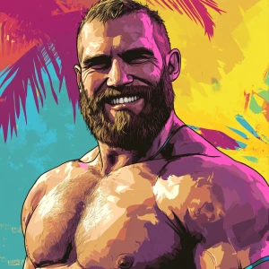 White muscular thin man with beard, big chin, smile and cheekbon...