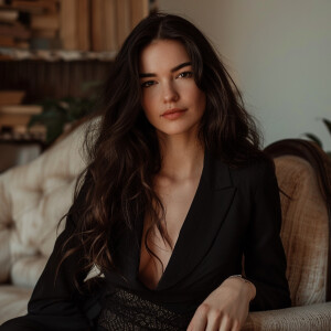 Fair-skinned woman with dark long hair, elegant and composed, si...