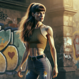 Athletic Thin skinny Attractive, Asian teenage girl, long brown hair and bangs, wearing tight skinny jeans and a halter top paint marks on her clothing, heroic pose Asian graffiti background, side view