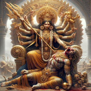 portrait of angry looking goddess durga sitting on a gold crown and carrying a weak mahishasur on her lap and stabbing him with her amazingly designed trident. She is wearing gold armor, a huge gold crown, gold saree, abundant  gold jewelry, covered in blood. The scene is set in ancient India. The image is 8K resolution, cinematic, ultra detailed face and epic.