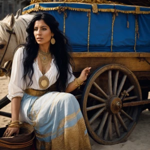 goache painting of a realistic gypsy middle aged woman, with gol...