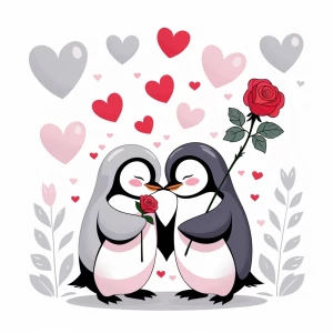 "A pair of adorable penguins standing close, one giving the othe...