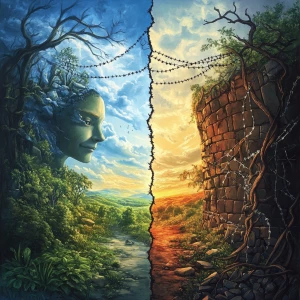 Create an image that depicts two parallel worlds: one brimming with prosperity and joy, characterized by lush landscapes, smiling faces, and an overall sense of well-being; the other riddled with barriers, high walls, and tangled barbed wires, symbolizing struggle and adversity.