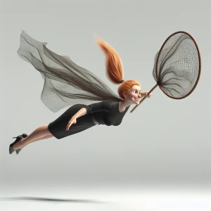 Ginger haired ponytail   woman in black facing camera  flying th...