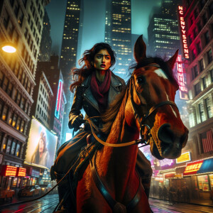 A female with rosey cheek riding an angry horse and standing in...