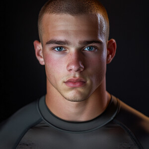 Create a body portrait image of a 20 year old man who’s balding...