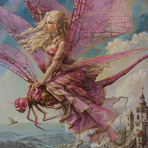 A beautiful blonde riding a pink dragonfly