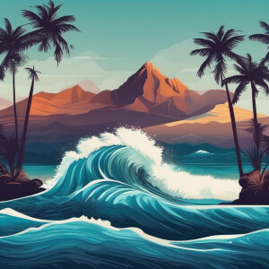 Ocean waves with palm trees and mountain