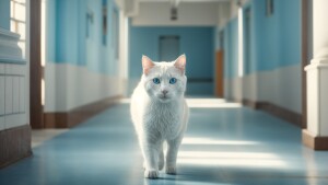 3D style animation: In a school hallway, the white cat, with a s...