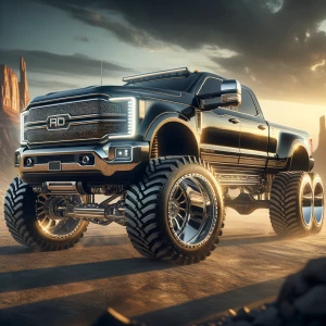 A colossal Ford F-350 dually pickup truck, dramatically lifted w...