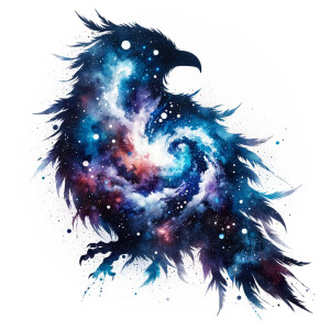 Cosmic watercolor filled animal silhouette on a blank white back...