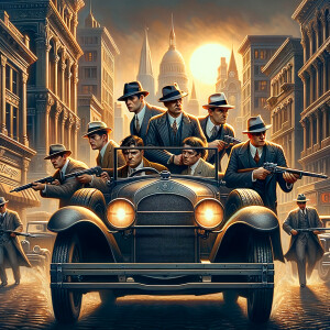 A oil painting that shows a 1920 gangsters riding on the side of...