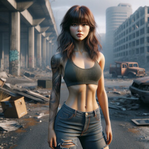 Thin Asian teen girl wearing tight jeans and a halter top Long brown hair and bangs, tattoos on her arms, athletic heroic pose