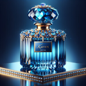 A digital illustration of a luxurious perfume bottle with a tall, faceted cap designed to mimic a deep blue gemstone, giving a sapphire-like appearance. The bottle, displaying a vivid blue color with light refraction effects, suggests the high clarity of glass. It rests on a reflective surface, hinting at the elegance of the product. A golden crown, ornately decorated with sparkling diamonds and inset with sapphire-blue gemstones, encircles the bottle's neck, adding to its opulence. The name 'KAREN' is featured in a prominent, sophisticated script on the front of the bottle, standing out against the deep blue background. The overall image conveys a sense of luxury and high fashion.