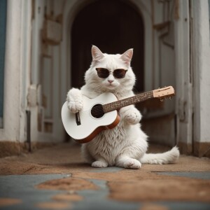 Create a detailed description of a white cat we see his full bod...